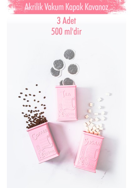 Akrilik Soft Pembe Şeker Kahve Çay Kavanozu 500 ml (Vakum Kapak )