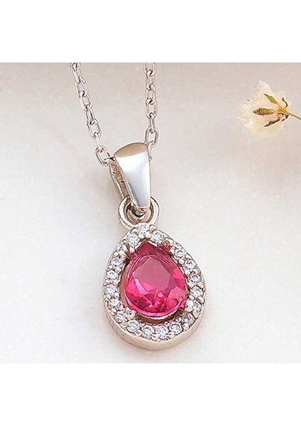 925 Ayar Gümüş Pembe Damla Zirkon Taşlı Kadın Kolye