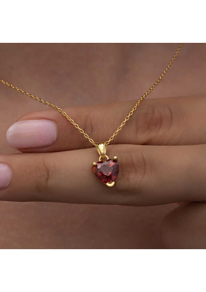 925 Ayar Gümüş Gold Kırmızı Taşlı Kalpli Kadın Kolye modelleri