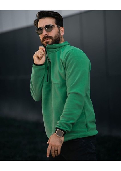 Yeşil Erkek Yarım Fermuarlı Bato Yaka Polar Sweatshirt fiyatları