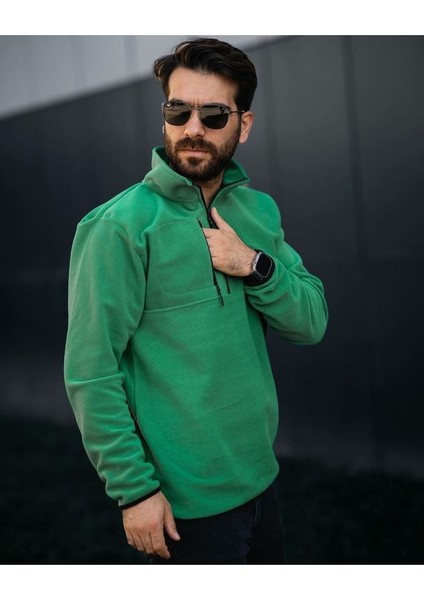 Yeşil Erkek Yarım Fermuarlı Bato Yaka Polar Sweatshirt modelleri