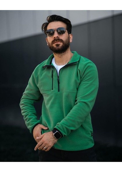 Yeşil Erkek Yarım Fermuarlı Bato Yaka Polar Sweatshirt indirimleri