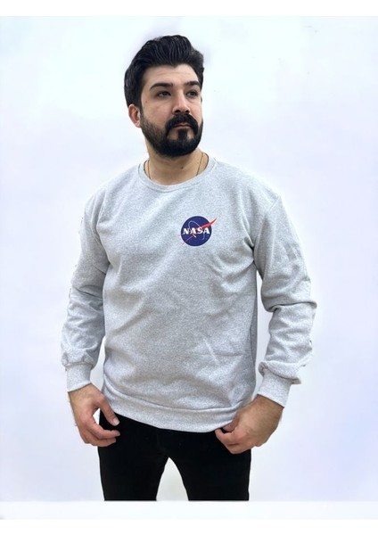 Gri Bisiklet Yaka Ön Baskılı Oversize Erkek Sweatshirt