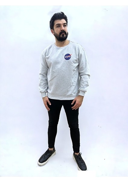 Gri Bisiklet Yaka Ön Baskılı Oversize Erkek Sweatshirt fiyatları