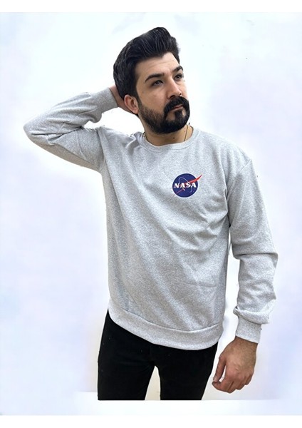 Gri Bisiklet Yaka Ön Baskılı Oversize Erkek Sweatshirt modelleri