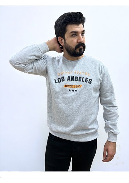 Gri Bisiklet Yaka Ön Baskılı Oversize Erkek Sweatshirt