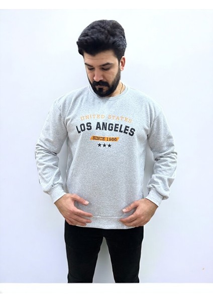 Gri Bisiklet Yaka Ön Baskılı Oversize Erkek Sweatshirt