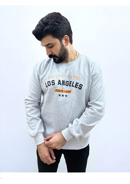 Gri Bisiklet Yaka Ön Baskılı Oversize Erkek Sweatshirt