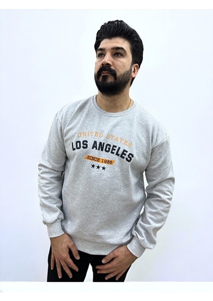 Gri Bisiklet Yaka Ön Baskılı Oversize Erkek Sweatshirt