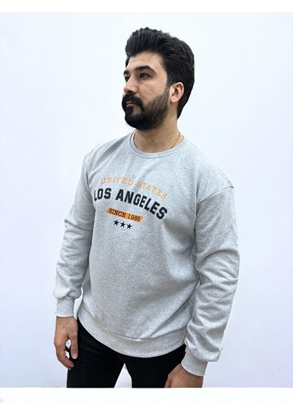 Gri Bisiklet Yaka Ön Baskılı Oversize Erkek Sweatshirt