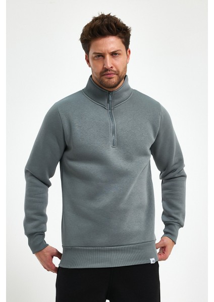 Yüksek Yaka Yarım Fermuarlı Basic Sweatshirt