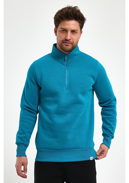 Yüksek Yaka Yarım Fermuarlı Basic Sweatshirt