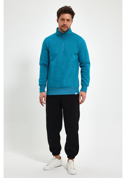 Yüksek Yaka Yarım Fermuarlı Basic Sweatshirt