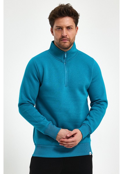 Yüksek Yaka Yarım Fermuarlı Basic Sweatshirt