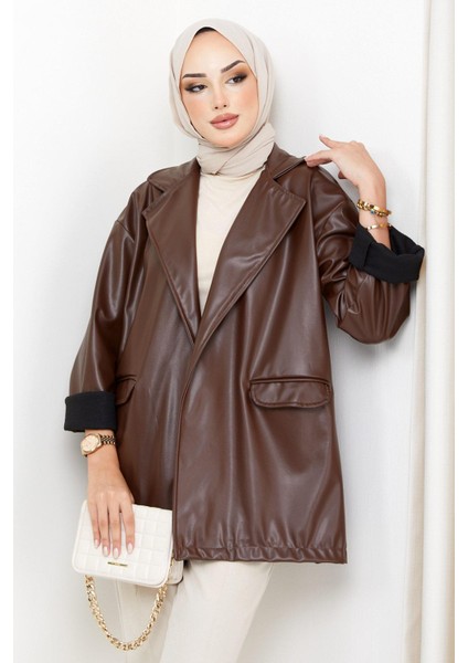 Hafsa Mina Oversize Deri Ceket Kahverengi HM2338