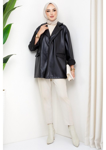 Oversize Deri Ceket Siyah HM2338