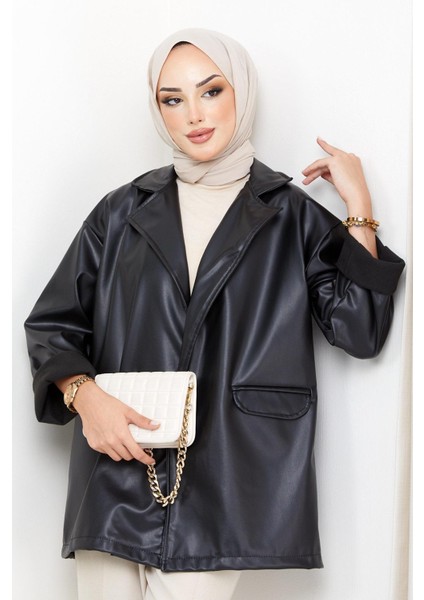 Oversize Deri Ceket Siyah HM2338 modelleri
