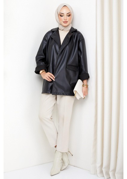 Oversize Deri Ceket Siyah HM2338 indirimleri
