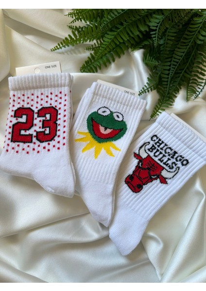 Jordan 23 - Kurbağa - Chicago Bulls 3'lü Beyaz Soket Çorap