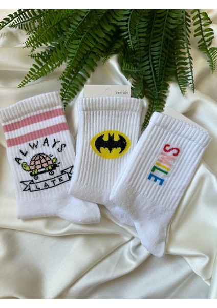 Always Late - Batman - Smile 3'lü Beyaz Soket Çorap