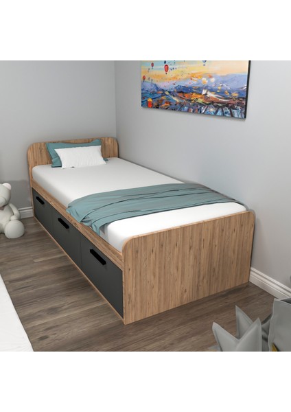 Akser 90x190 Cm Yatak Uyumlu 3 Kapaklı Dolaplı Tek Kişilik Karyola Atlantik Çam Antrasit - Akser