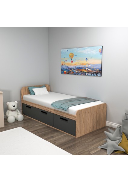 Akser 90x190 Cm Yatak Uyumlu 3 Kapaklı Dolaplı Tek Kişilik Karyola Atlantik Çam Antrasit - Akser