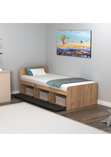 Akser 90x190 Cm Yatak Uyumlu 3 Kapaklı Dolaplı Tek Kişilik Karyola Atlantik Çam Antrasit - Akser