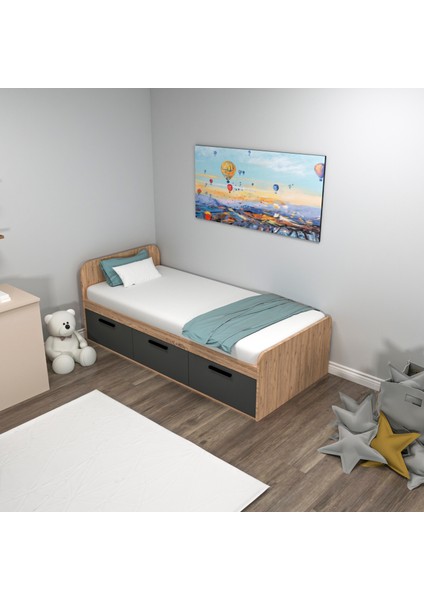 Akser 90x190 Cm Yatak Uyumlu 3 Kapaklı Dolaplı Tek Kişilik Karyola Atlantik Çam Antrasit - Akser
