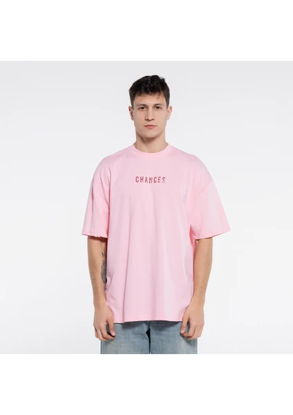 Friday Offset Ness Erkek Pembe %100 Pamuk Kol Ve Yaka Dizayn Kesikli Bisiklet Yaka Oversize Tshirt