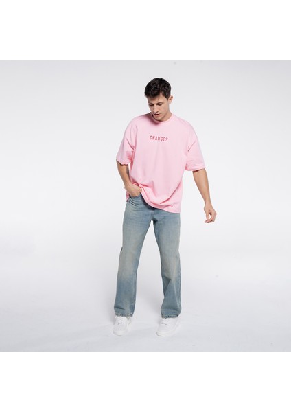 Friday Offset Ness Erkek Pembe %100 Pamuk Kol Ve Yaka Dizayn Kesikli Bisiklet Yaka Oversize Tshirt