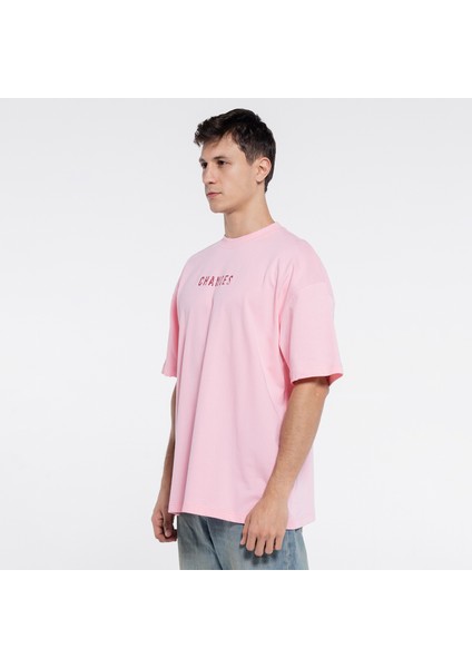 Friday Offset Ness Erkek Pembe %100 Pamuk Kol Ve Yaka Dizayn Kesikli Bisiklet Yaka Oversize Tshirt