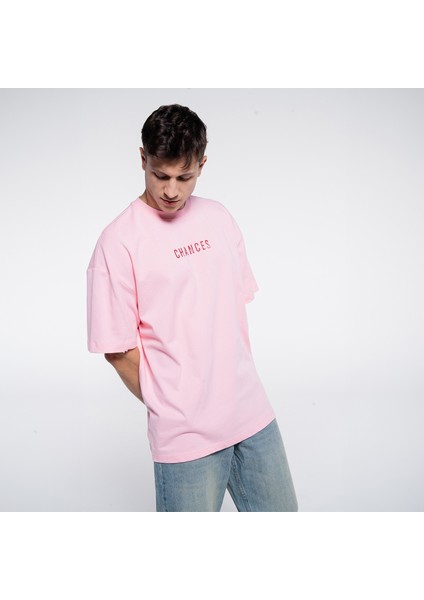 Friday Offset Ness Erkek Pembe %100 Pamuk Kol Ve Yaka Dizayn Kesikli Bisiklet Yaka Oversize Tshirt