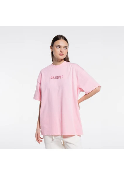 Friday Offset Ness Kadın Pembe %100 Pamuk Kol Ve Yaka Dizayn Kesikli Bisiklet Yaka Oversize Tshirt