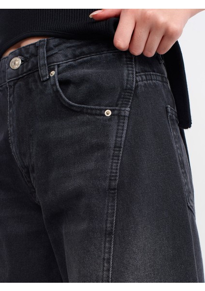 71378 Önü Parçalı Denim Kargo Pantolon-Siyah