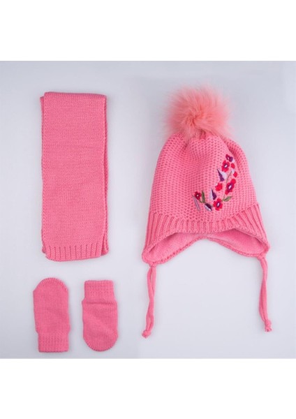 Kız Bebek Çiçek Desenli Atkı Bere Eldiven Seti K2150-04 Pembe