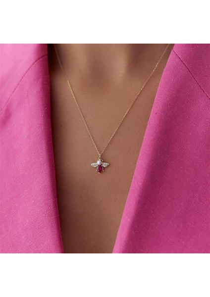 Renkli Taşlı Minimal Altın Arı Kolye