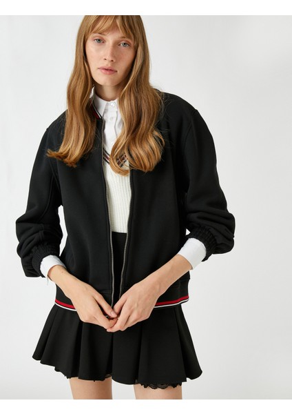 Bomber Fermuarlı Sweatshirt Şerit Detaylı
