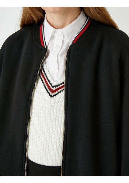 Bomber Fermuarlı Sweatshirt Şerit Detaylı indirimleri
