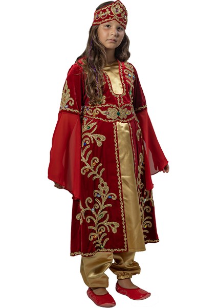 Mihrimah Sultan Kıyafeti Kız Çocuk Lüks Kadife Bindallı Elbisesi Kırmızı