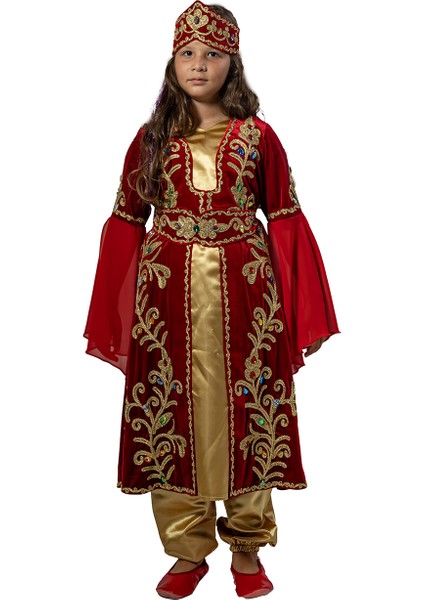Mihrimah Sultan Kıyafeti Kız Çocuk Lüks Kadife Bindallı Elbisesi Kırmızı
