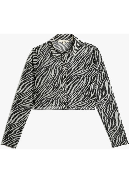 Crop Gömlek Zebra Desenli Düğmeli Klasik Yaka