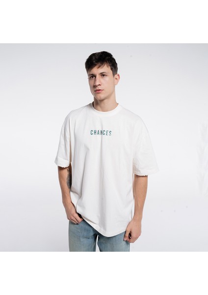 Friday Offset Ness Erkek Kırık Beyaz %100 Pamuk Kol Ve Yaka Dizayn Kesikli Bisiklet Yaka Oversize Tshirt