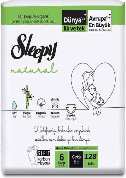 Natural Xlarge 6 Beden Numara Bebek Bezi 15-25 kg 128 Adet Cırtlı Bez