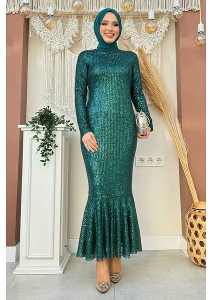 Pul Payet Işlemeli Balık Abiye Elbise 3872 Zümrüt