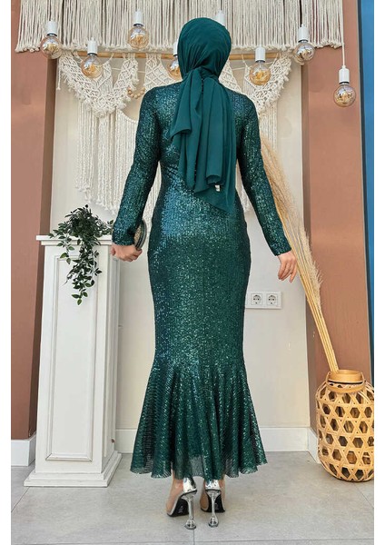 Pul Payet Işlemeli Balık Abiye Elbise 3872 Zümrüt fiyatları