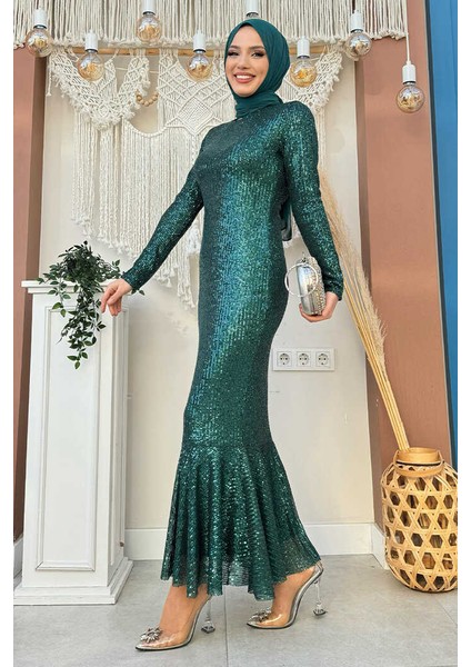 Pul Payet Işlemeli Balık Abiye Elbise 3872 Zümrüt modelleri