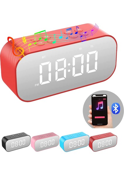 Yatak Odası Için Çalar Saat, Bluetooth Hoparlörlü Dijital Saat, Kırmızı (Yurt Dışından)