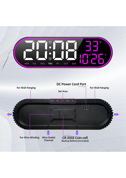 15IN Dijital Saat ve Zaman Tarih Sıcaklık Haftası, LED Dijital Saat Mor (Yurt Dışından)