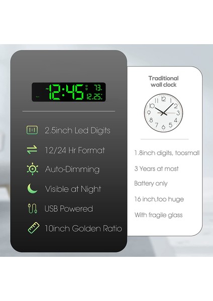 Dijital Duvar Saati, LED Büyük Haneli Ekran, Çift Çalar Saat, Yeşil (Yurt Dışından)