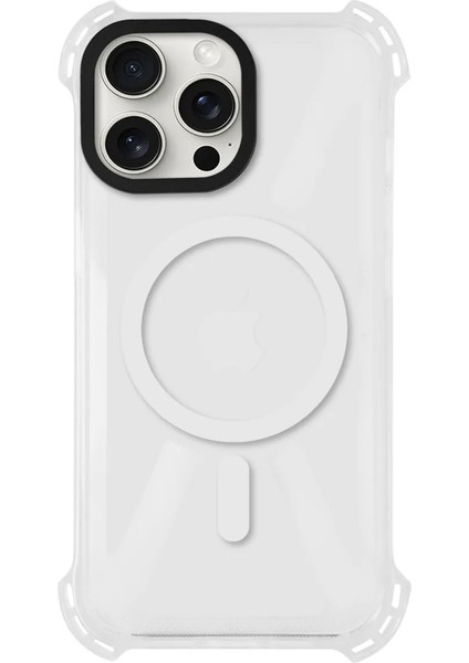 Apple iPhone 13 Pro Max Magsafe Kablosuz Şarj Özellikli Mıknatıslı Şeffaf Beyaz Renkli Kılıf